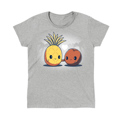 Classic Cotton T-shirt_TeeTurtle Tropical Love heather gray t-shirt featuring a cute pineapple and a coconut holding hands with a heart above them.