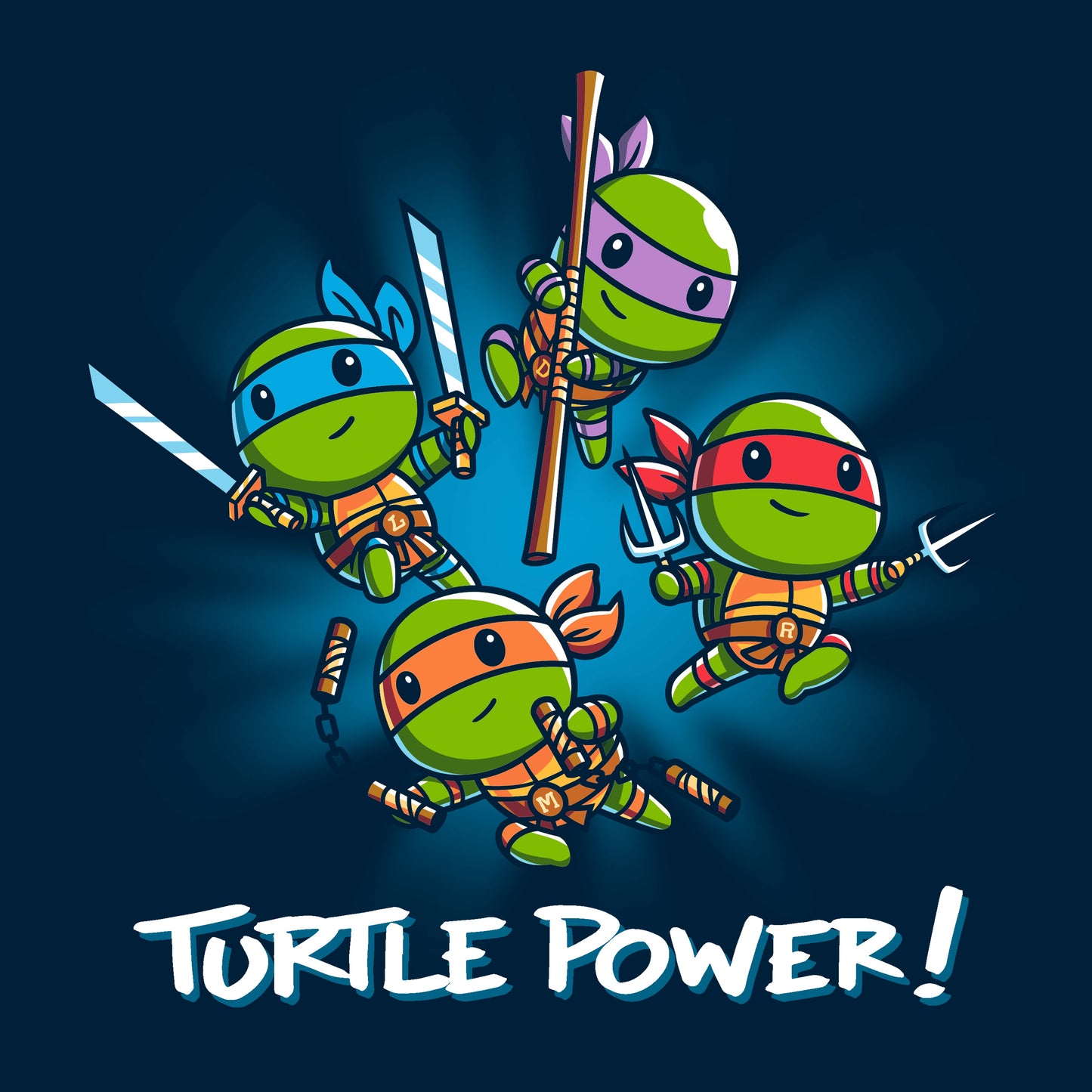 Classic Cotton T-shirt_TeeTurtle navy blue Turtle Power apparel featuring Raphael, Leonardo, Michaelangelo, and Donatello with weapons drawn in dynamic leaping poses.