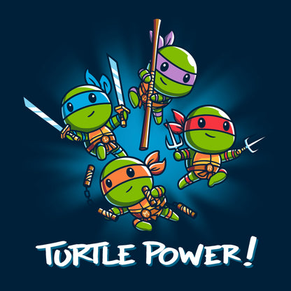 Classic Cotton T-shirt_TeeTurtle navy blue Turtle Power apparel featuring Raphael, Leonardo, Michaelangelo, and Donatello with weapons drawn in dynamic leaping poses.