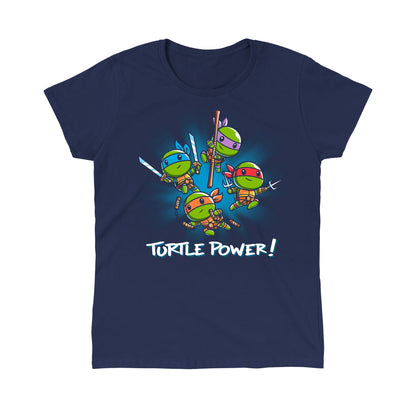 Classic Cotton T-shirt_TeeTurtle navy blue Turtle Power apparel featuring Raphael, Leonardo, Michaelangelo, and Donatello with weapons drawn in dynamic leaping poses.