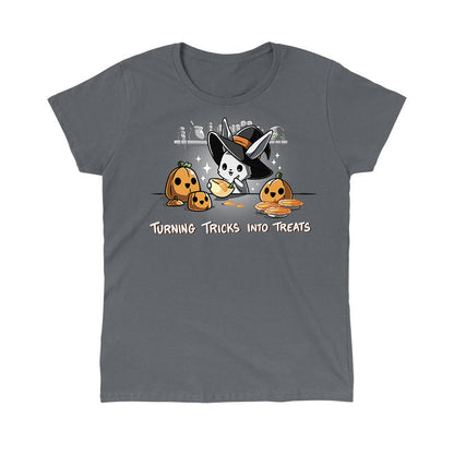 Classic Cotton T-shirt_TeeTurtle Turning Tricks Into Treats charcoal gray t-shirt featuring a cheerful bunny baking while wearing a witch's hat and surrounded by carved pumpkins and pumpkin pies.