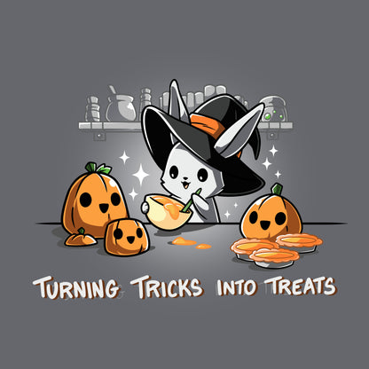 Classic Cotton T-shirt_TeeTurtle Turning Tricks Into Treats charcoal gray t-shirt featuring a cheerful bunny baking while wearing a witch's hat and surrounded by carved pumpkins and pumpkin pies.