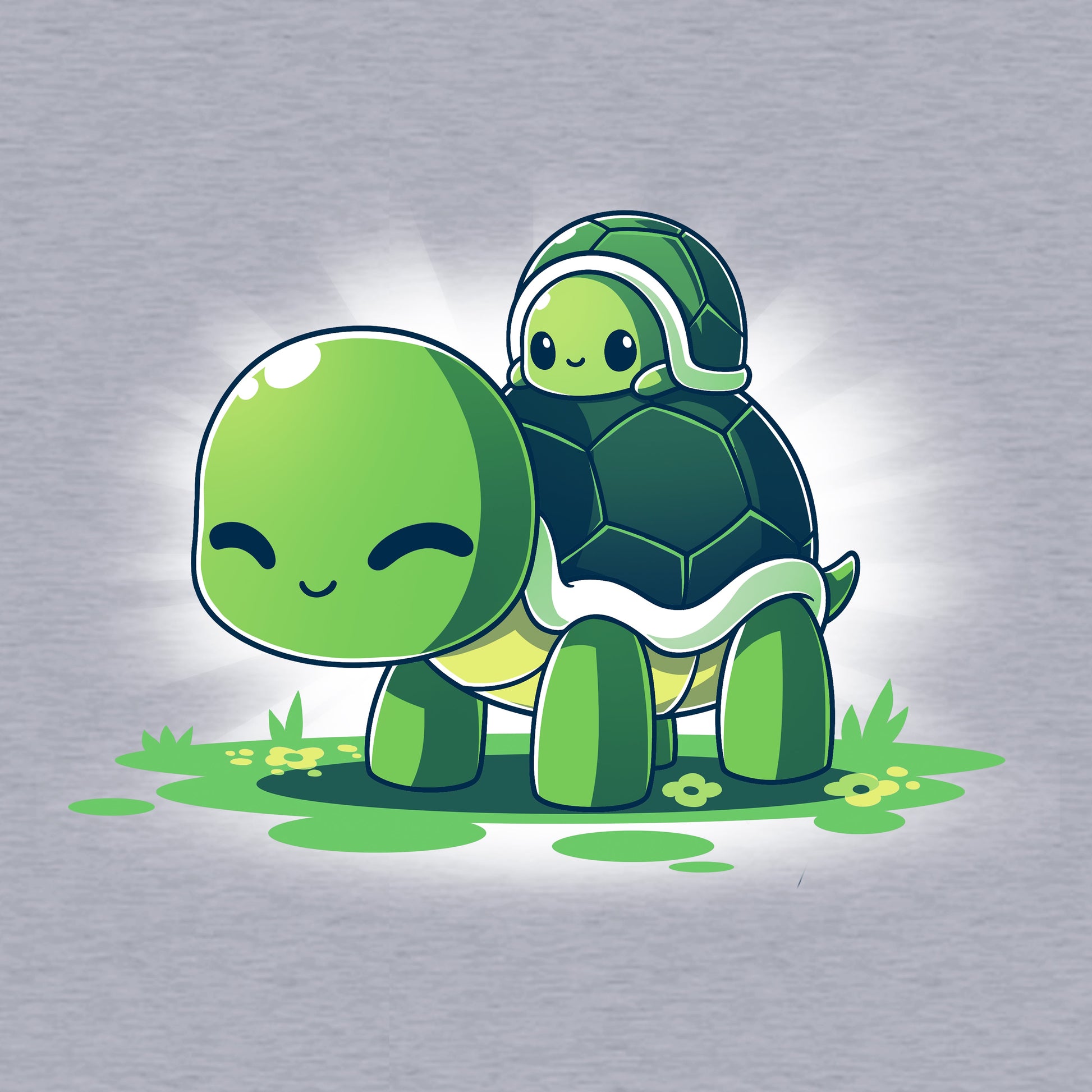 Classic Cotton T-shirt_TeeTurtle Turtleback Ride heather gray t-shirt featuring two smiling green turtles on top of grass and yellow flowers. The smaller turtle is on top of the larger turtle's shell. 