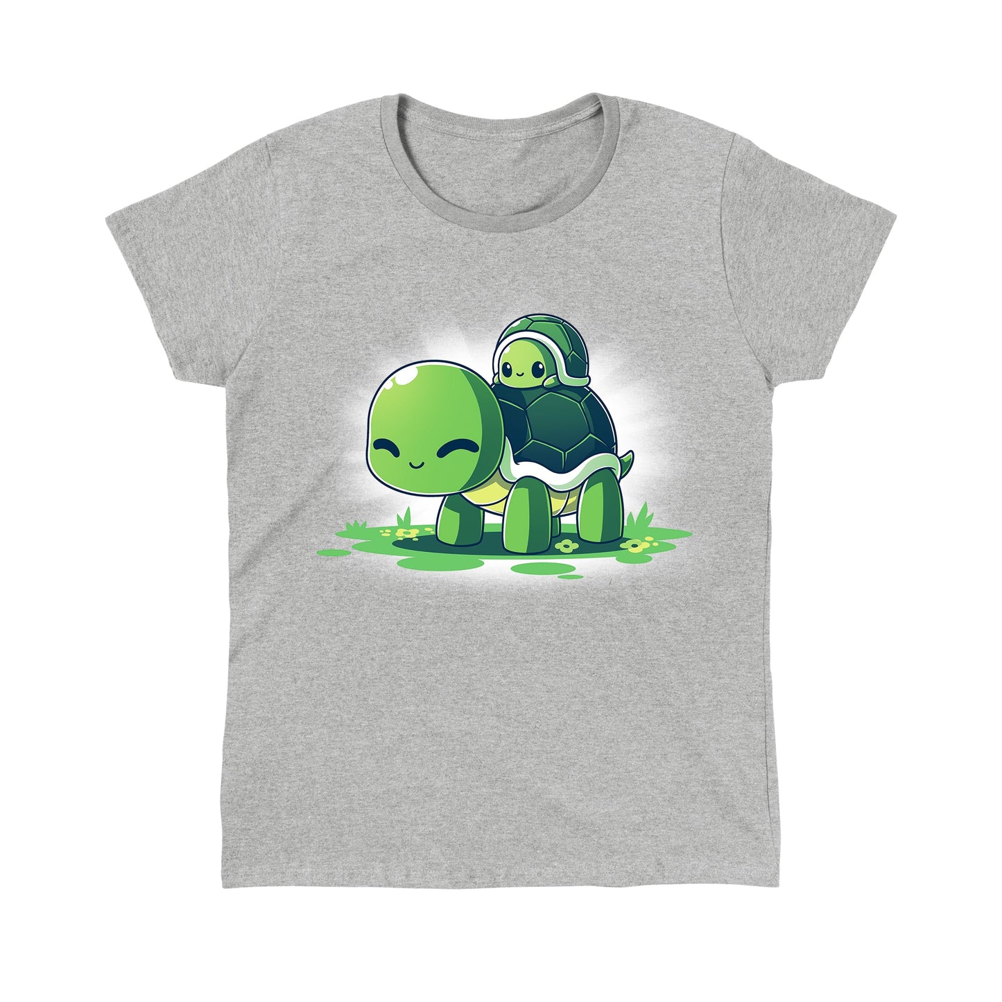 Classic Cotton T-shirt_TeeTurtle Turtleback Ride heather gray t-shirt featuring two smiling green turtles on top of grass and yellow flowers. The smaller turtle is on top of the larger turtle's shell. 