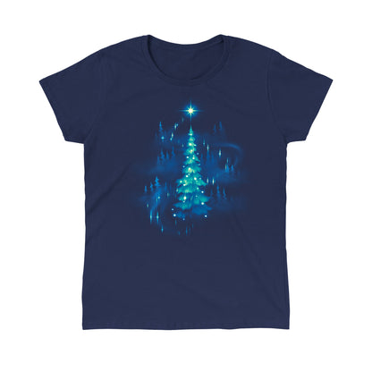 Classic Cotton T-shirt_TeeTurtle Twinkling Christmas Tree navy blue t-shirt featuring an artistic christmas tree with white sparkly lights surrounded by silhouettes of other trees and a star on top.