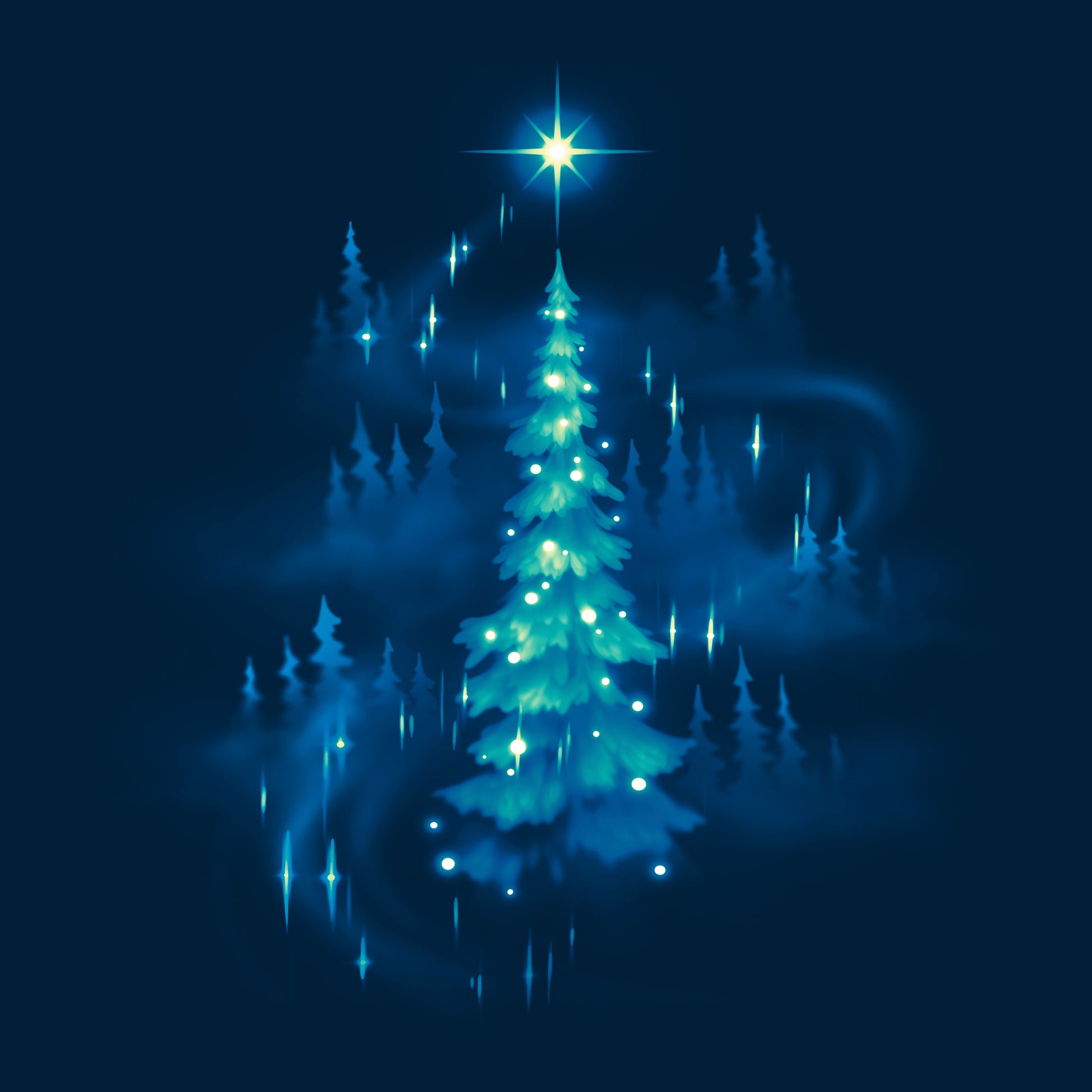 Classic Cotton T-shirt_TeeTurtle Twinkling Christmas Tree navy blue t-shirt featuring an artistic christmas tree with white sparkly lights surrounded by silhouettes of other trees and a star on top.