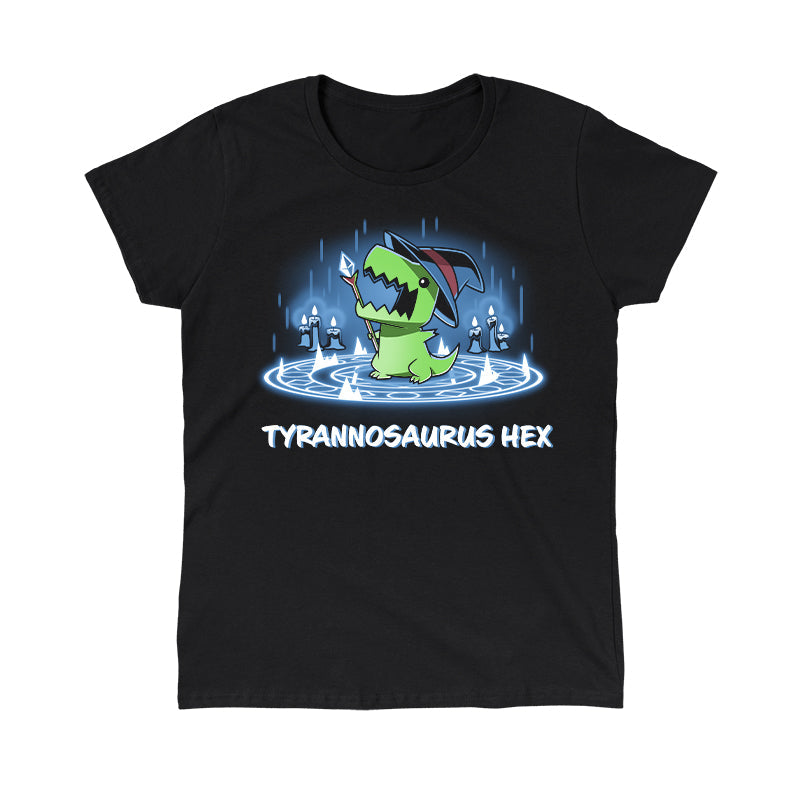 Classic Cotton T-shirt_TeeTurtle black Tyrannosaurus Hex. Featuring a t-rex wearing a witch hat with a wand inside a summoning pentagram.