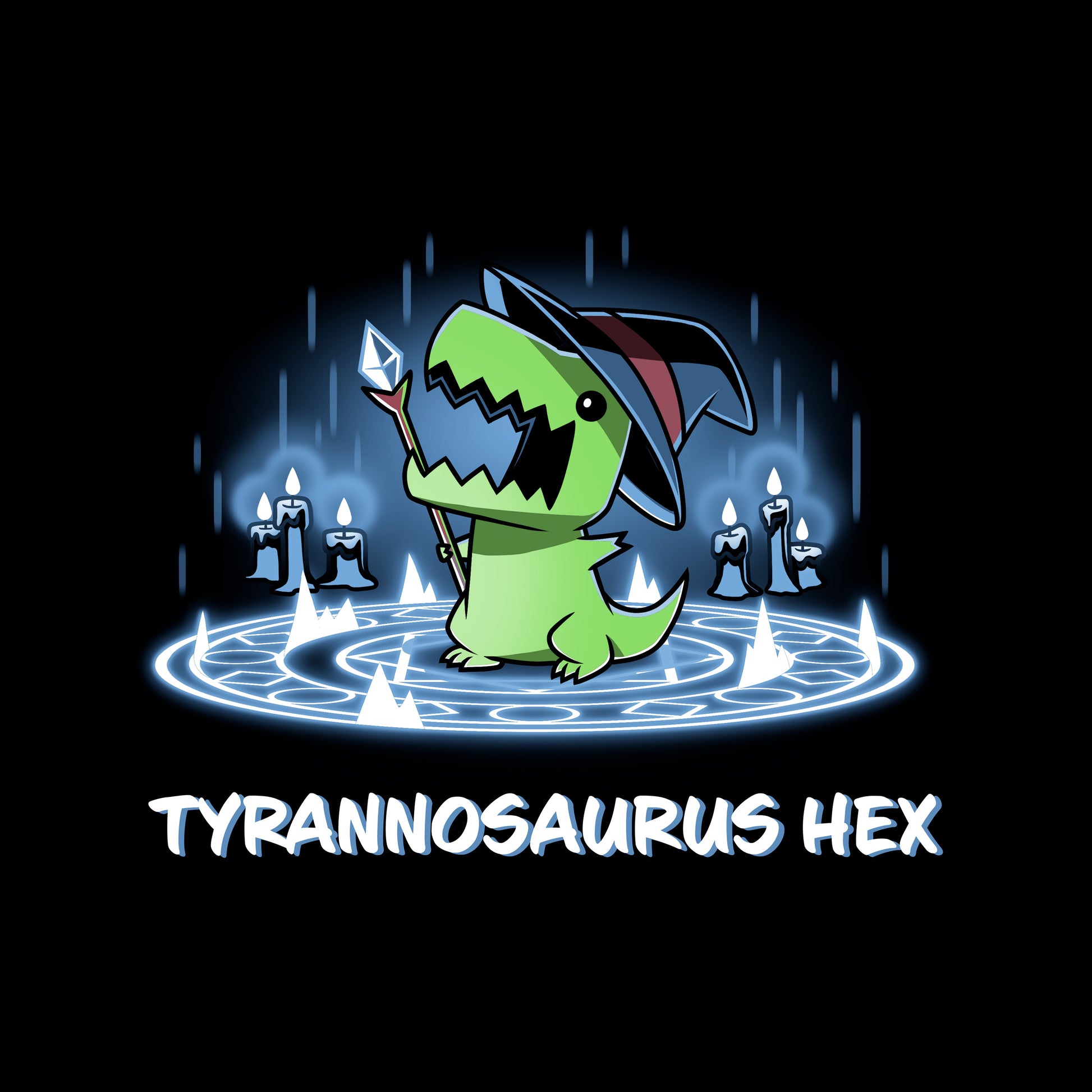 Classic Cotton T-shirt_TeeTurtle black Tyrannosaurus Hex. Featuring a t-rex wearing a witch hat with a wand inside a summoning pentagram.