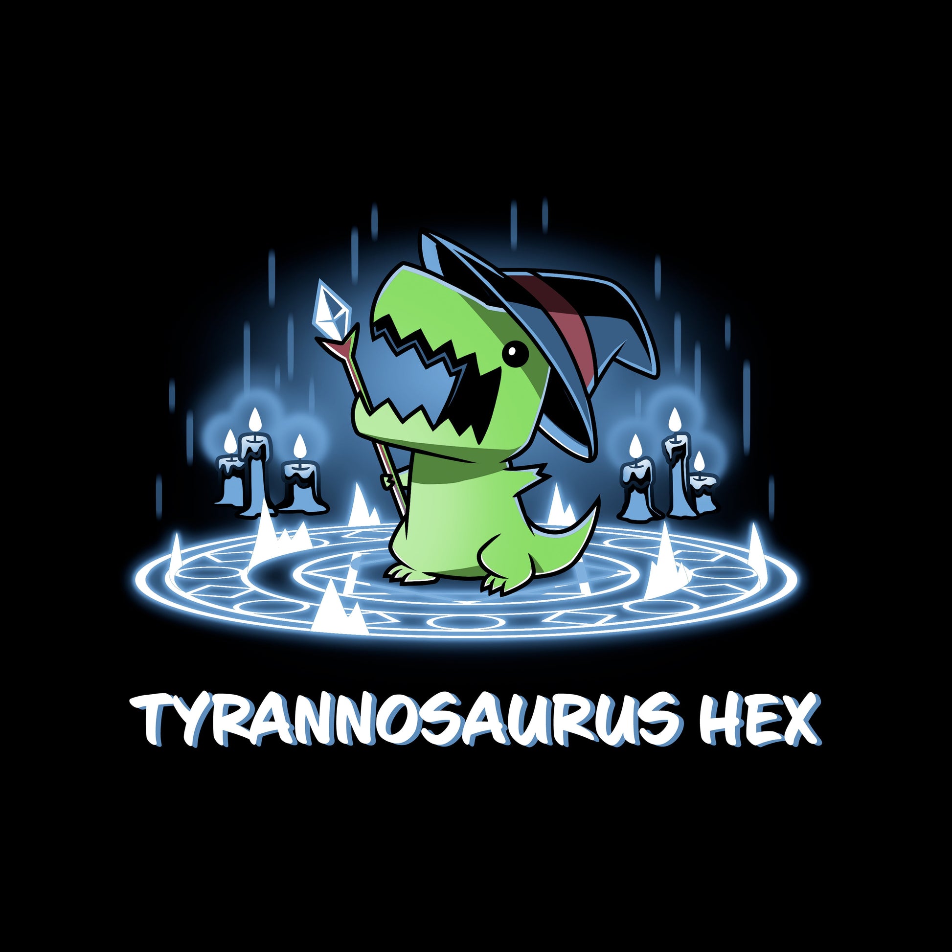 Crew Neck Sweatshirt_TeeTurtle black Tyrannosaurus Hex. Featuring a t-rex wearing a witch hat with a wand inside a summoning pentagram.