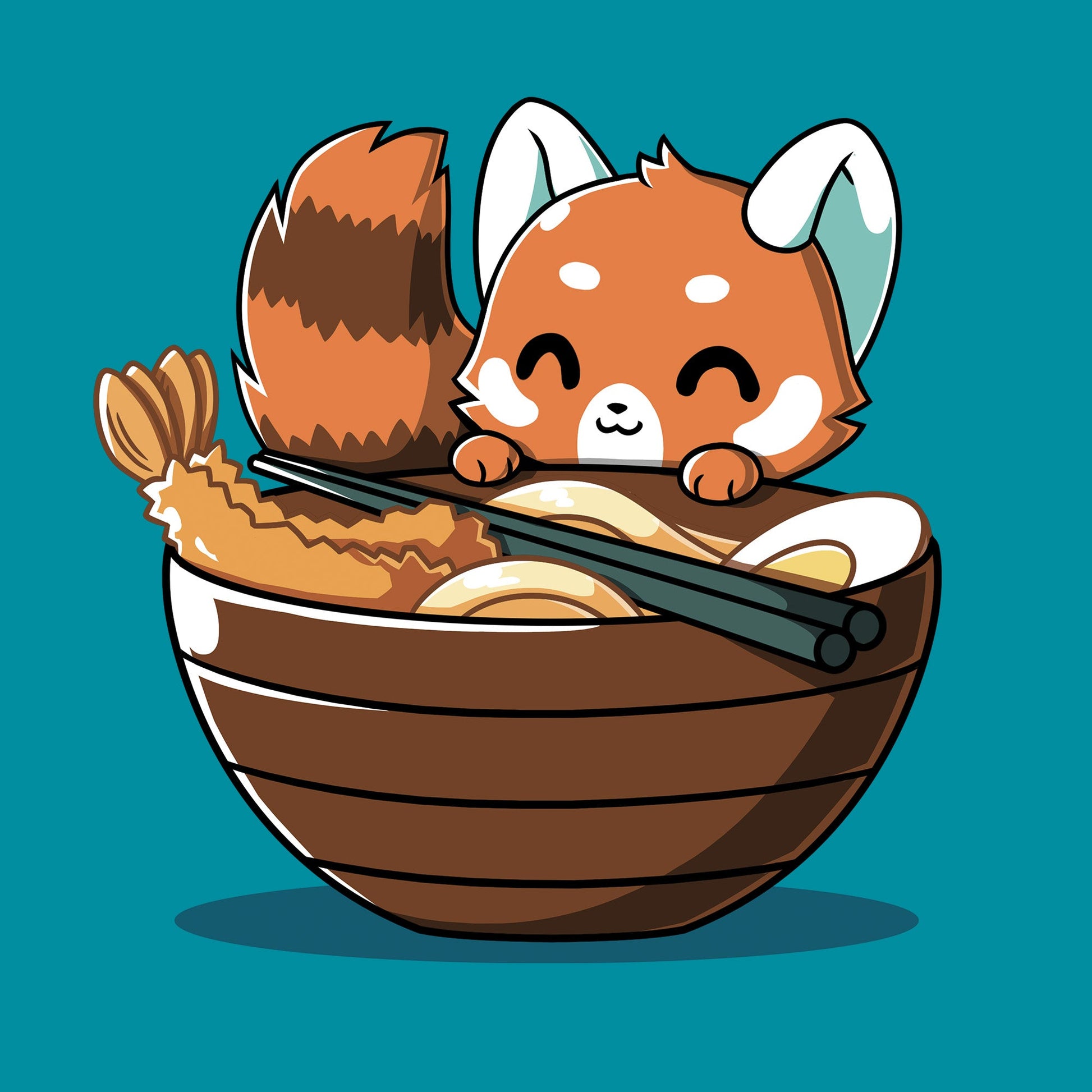 Classic Cotton T-shirt_TeeTurtle Udon Red Panda tropical blue t-shirt featuring a happy red panda peeking over the edge of a bowl of udon noodles with shrimp, egg and chopsticks.