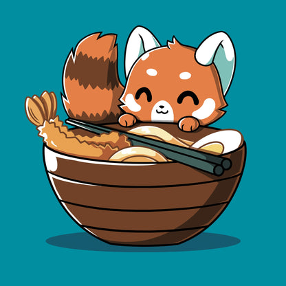 Classic Cotton T-shirt_TeeTurtle Udon Red Panda tropical blue t-shirt featuring a happy red panda peeking over the edge of a bowl of udon noodles with shrimp, egg and chopsticks.