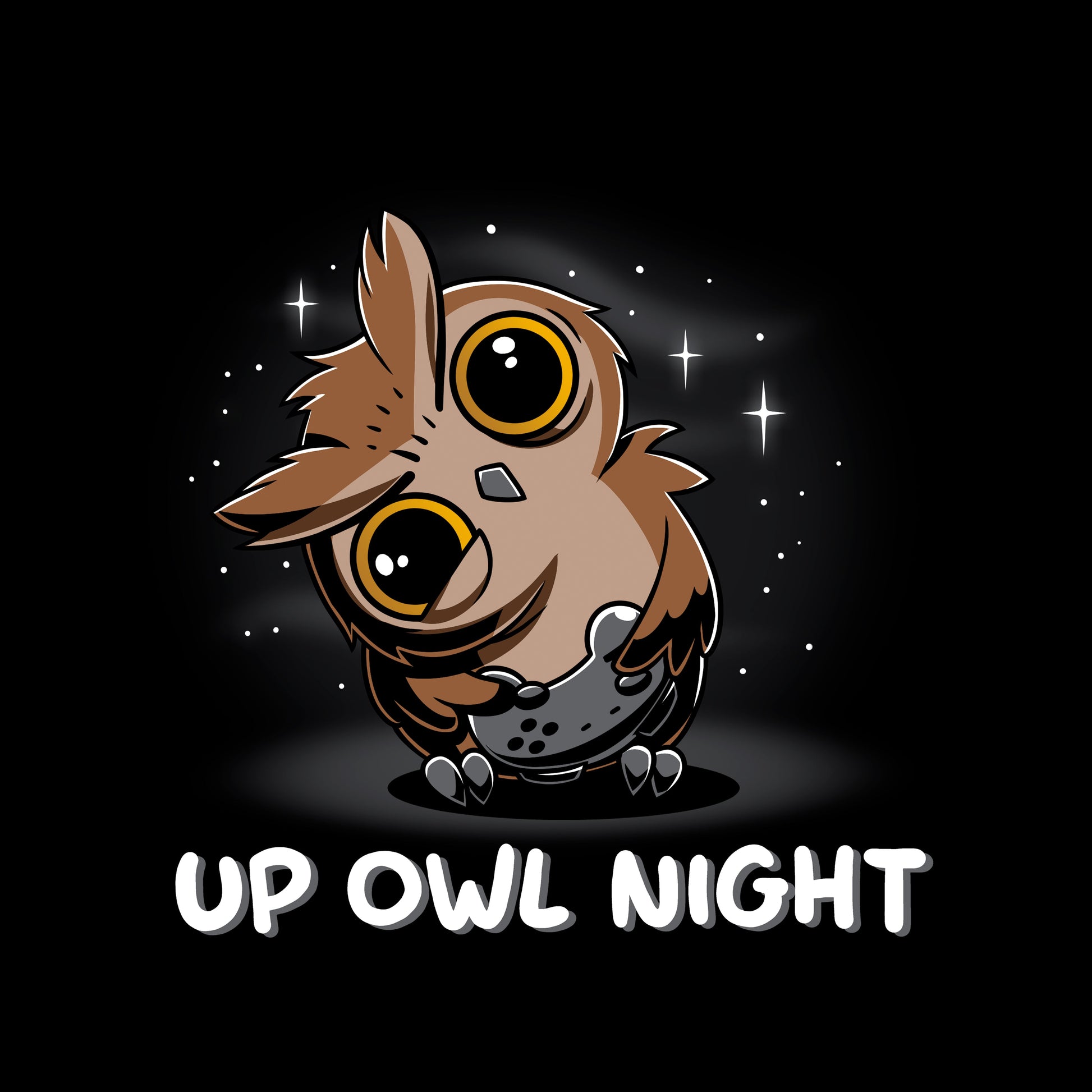 Classic Cotton T-shirt_TeeTurtle Up Owl Night black t-shirt featuring an owl with large eyes holding a video game controller.