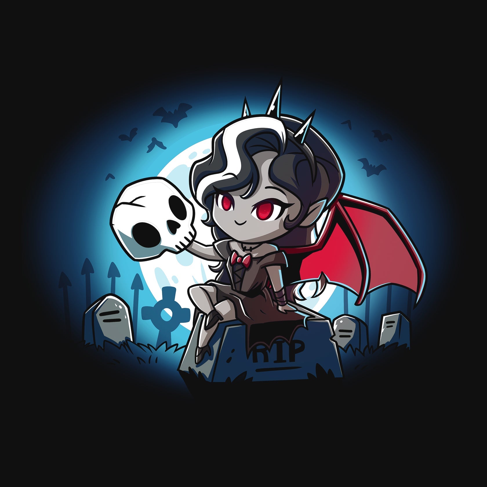 Classic Cotton T-shirt_TeeTurtle Vampire Princess black t-shirt featuring an illustration of a vampire princess with red bat wings and a pointed crown in a graveyard sitting on top of a tombstone that says RIP holding a white skull. The background shows bats flying near a full moon.