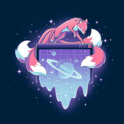 Pullover Hoodie_TeeTurtle navy blue Vaporwave Kitsune apparel featuring a kitsune leaping over a computer window pop-up with a ringed planet in it in a vaporwave aesthetic.