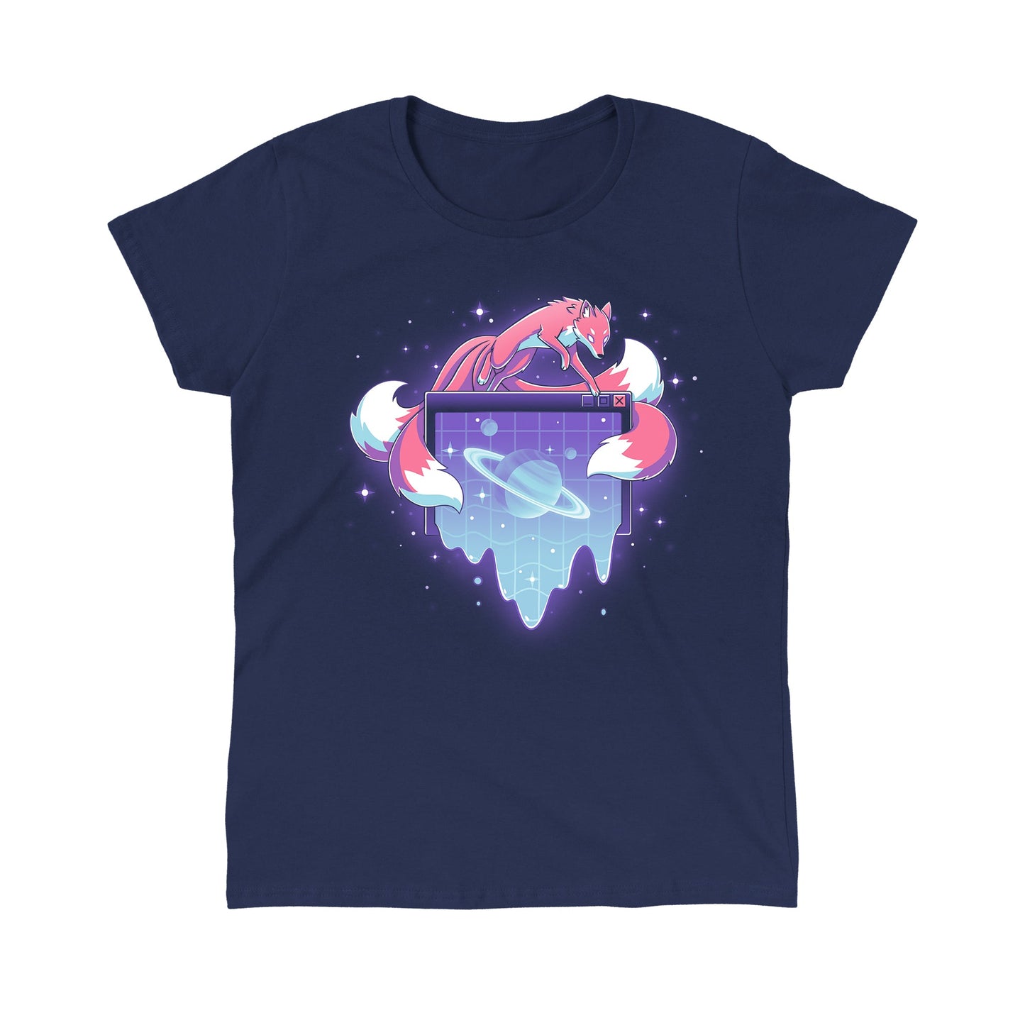 Classic Cotton T-shirt_TeeTurtle navy blue Vaporwave Kitsune apparel featuring a kitsune leaping over a computer window pop-up with a ringed planet in it in a vaporwave aesthetic.