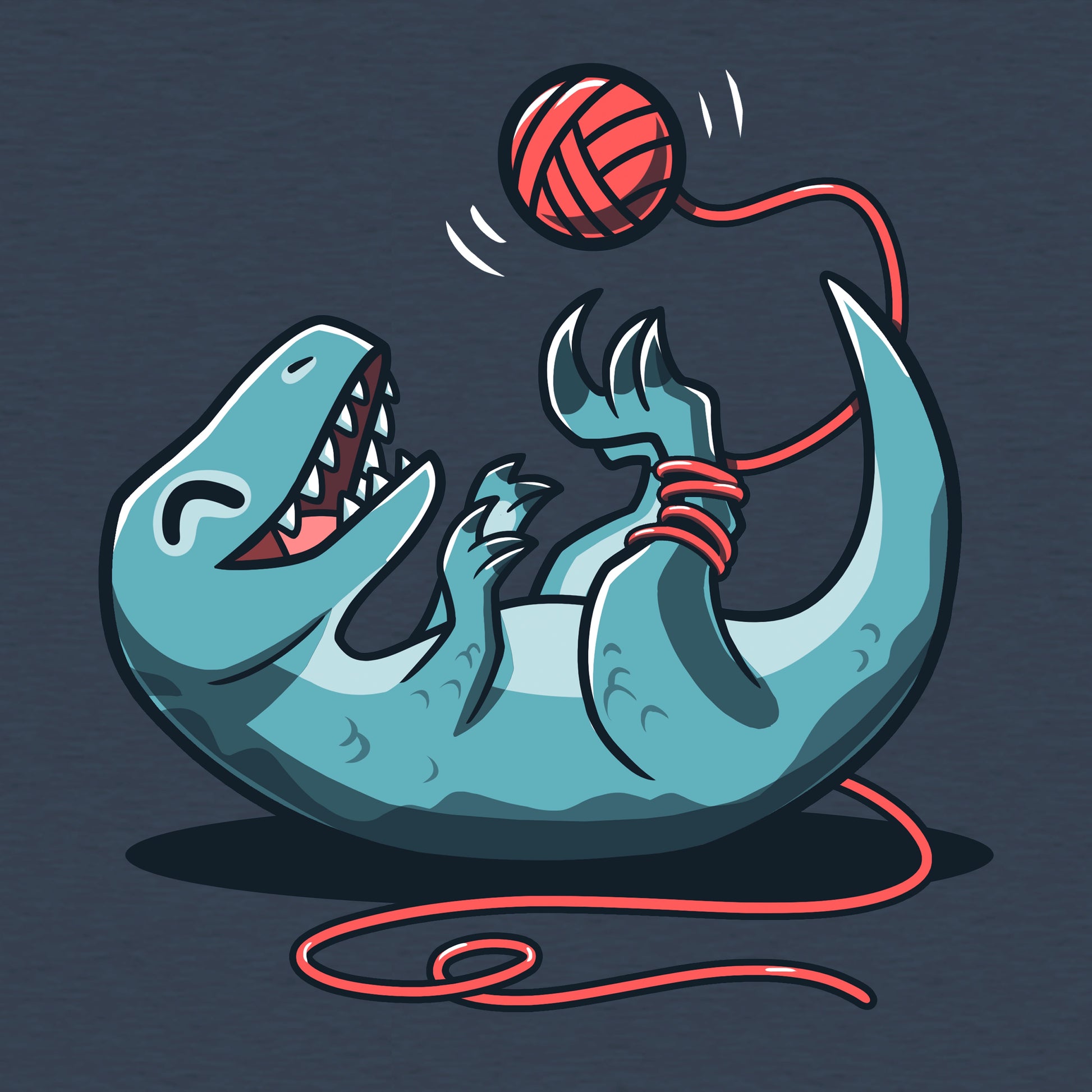 Classic Cotton T-shirt_TeeTurtle Velocikitty Heather Navy t-shirt featuring an illustration of a velociraptor laying on its back, entangled in red yarn, playing happily with a ball of yarn above it in the air.