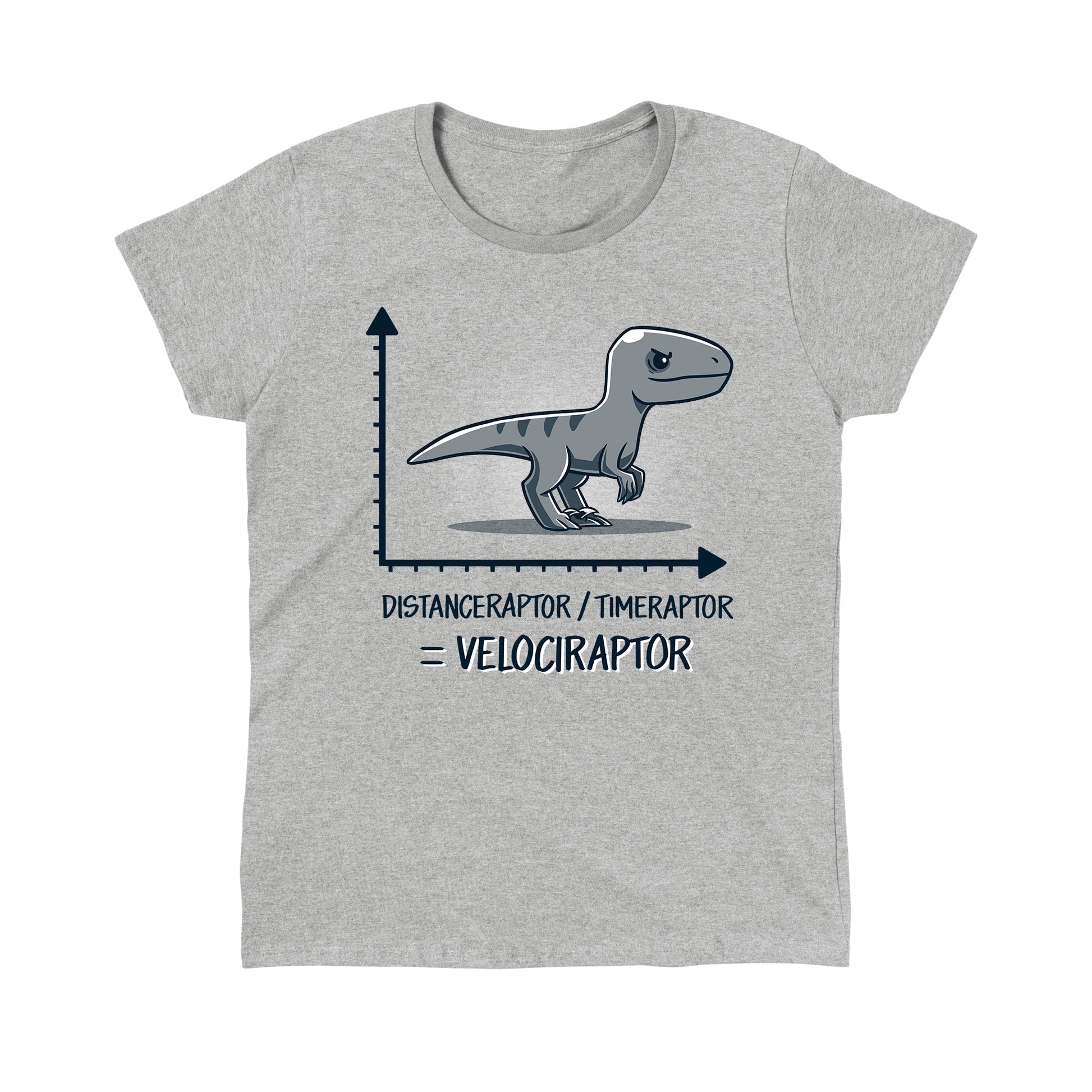 Classic Cotton T-shirt_TeeTurtle Velociraptor heather gray t-shirt featuring a velociraptor positioned above a graph with the y-axis labeled 'Distanceraptor' and the x-axis labeled 'Timeraptor,' suggesting the equation 'Distanceraptor / Timeraptor = Velociraptor.'