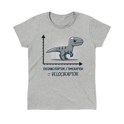 Classic Cotton T-shirt_TeeTurtle Velociraptor heather gray t-shirt featuring a velociraptor positioned above a graph with the y-axis labeled 'Distanceraptor' and the x-axis labeled 'Timeraptor,' suggesting the equation 'Distanceraptor / Timeraptor = Velociraptor.'