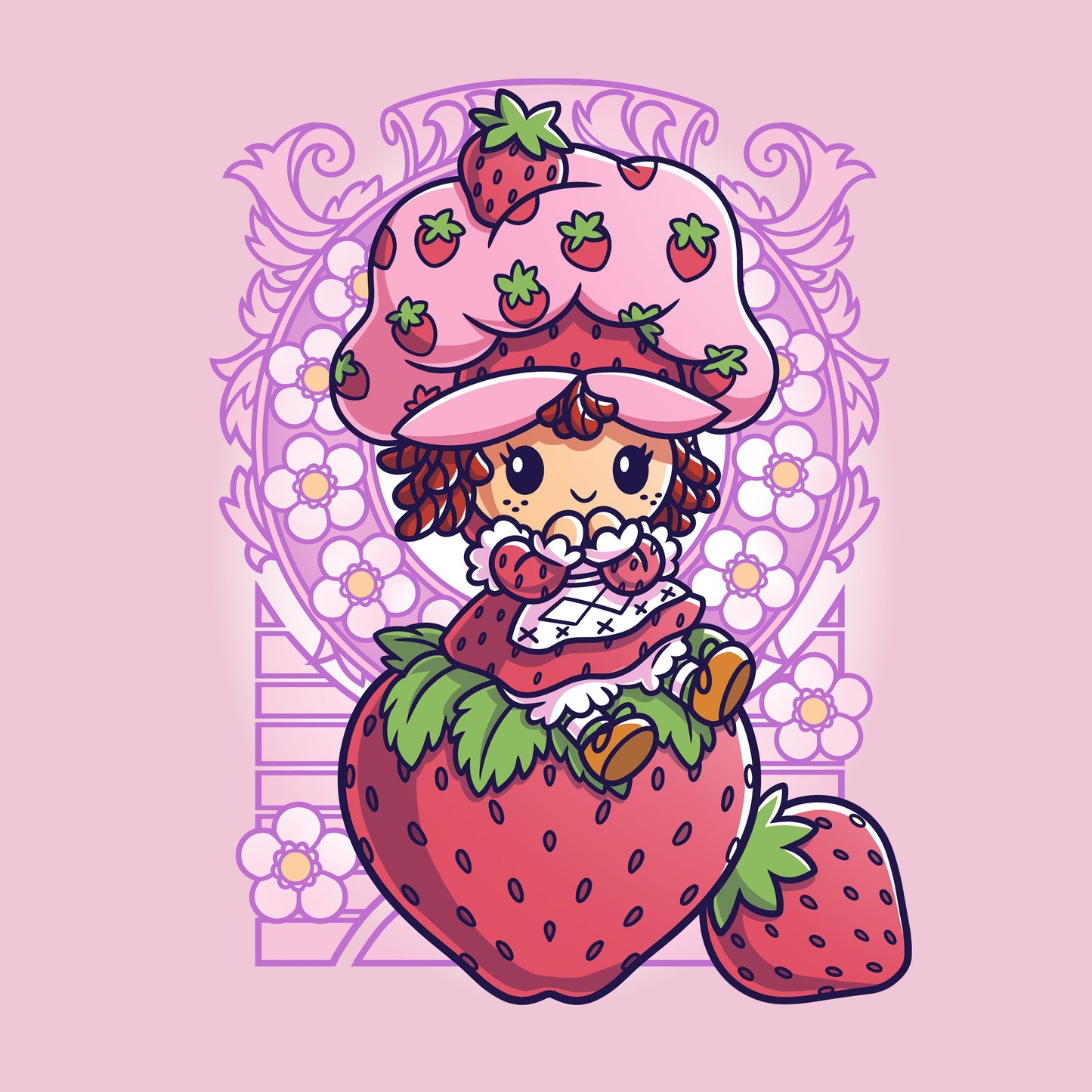 Classic Cotton T-shirt_TeeTurtle light pink Vintage Strawberry Shortcake apparel featuring Strawberry Shortcake sitting on a strawberry with art nouveau illustration elements.