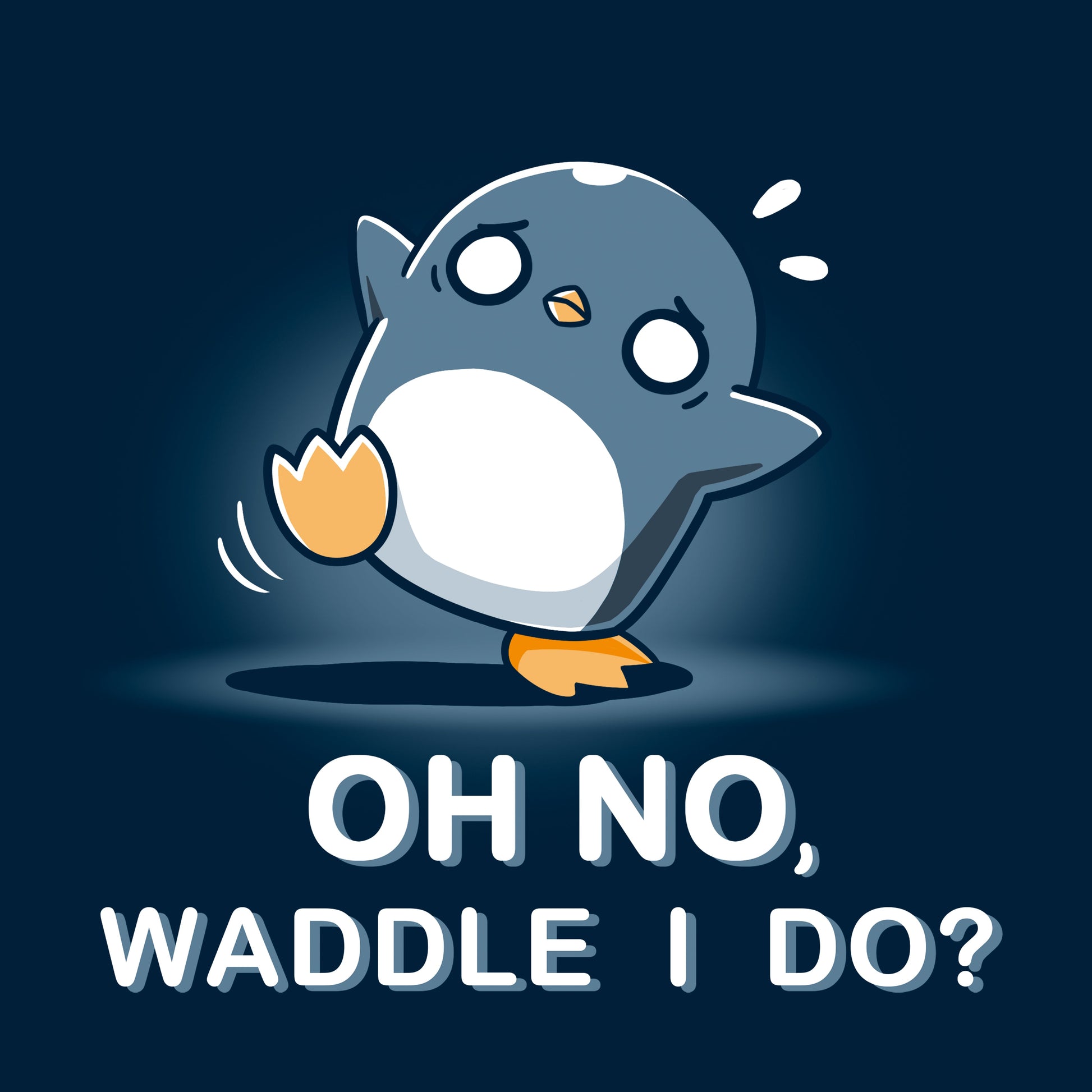 Classic Cotton T-shirt_TeeTurtle Waddle I Do? navy blue t-shirt featuring a penguin with a worried expression standing off-balance.