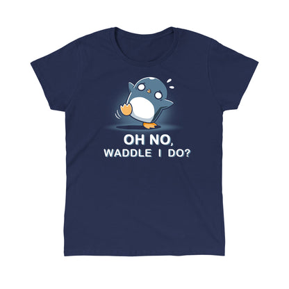 Classic Cotton T-shirt_TeeTurtle Waddle I Do? navy blue t-shirt featuring a penguin with a worried expression standing off-balance.