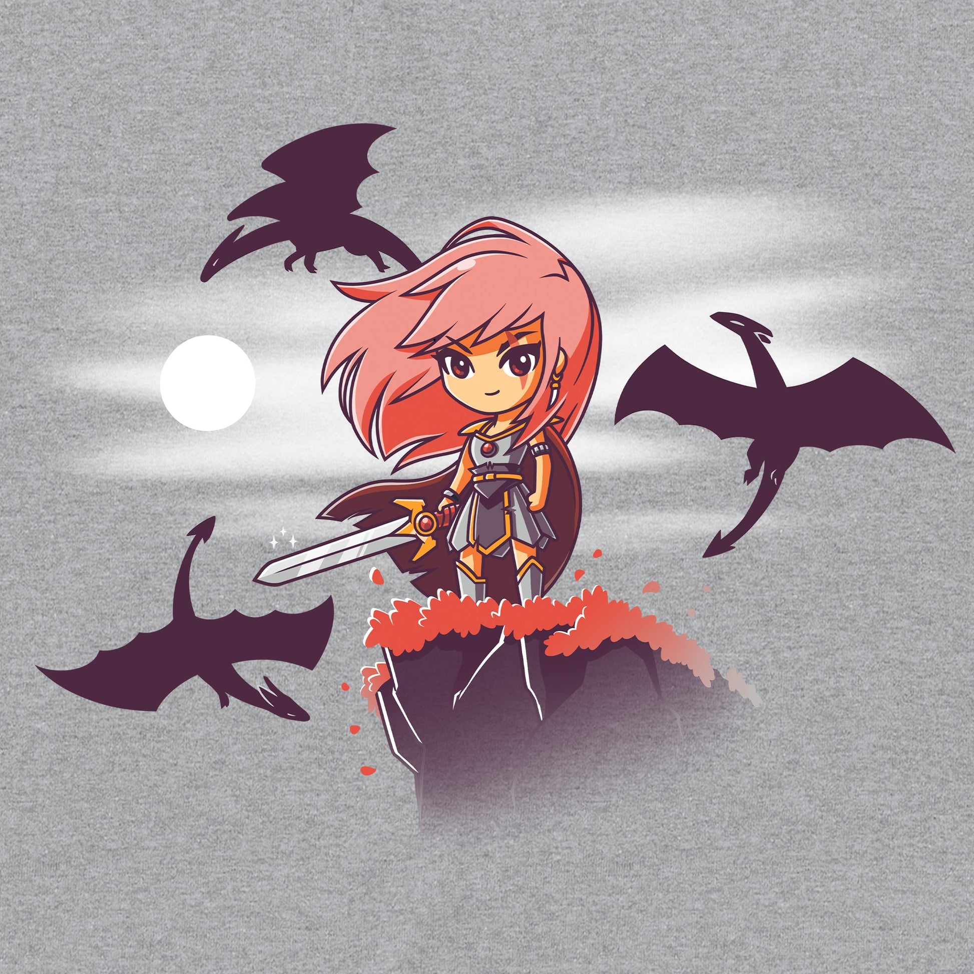 Classic Cotton T-shirt_TeeTurtle Warrior Princess Heather Gray t-shirt featuring an illustration of a pink-haired warrior princess in armor standing on a cliff with a sword, surrounded by flying dragons under a moonlit sky.