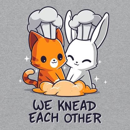 Classic Cotton T-shirt_TeeTurtle We Knead Each Other Heather Gray t-shirt featuring  an illustration of a cat and rabbit wearing chef hats, kneading dough with the text "We Knead Each Other" below them. 