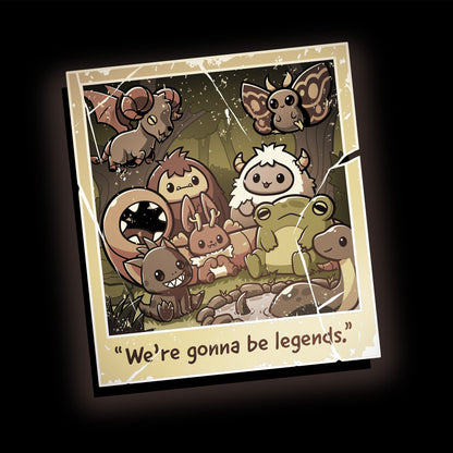 Classic Cotton T-shirt_TeeTurtle We're Gonna Be Legends black t-shirt featuring an illustration of a vintage polaroid photo showing a group picture with various mythical creatures in a woodland setting. "We're gonna be legends" is written underneath.