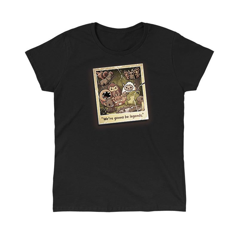 Classic Cotton T-shirt_TeeTurtle We're Gonna Be Legends black t-shirt featuring an illustration of a vintage polaroid photo showing a group picture with various mythical creatures in a woodland setting. "We're gonna be legends" is written underneath.