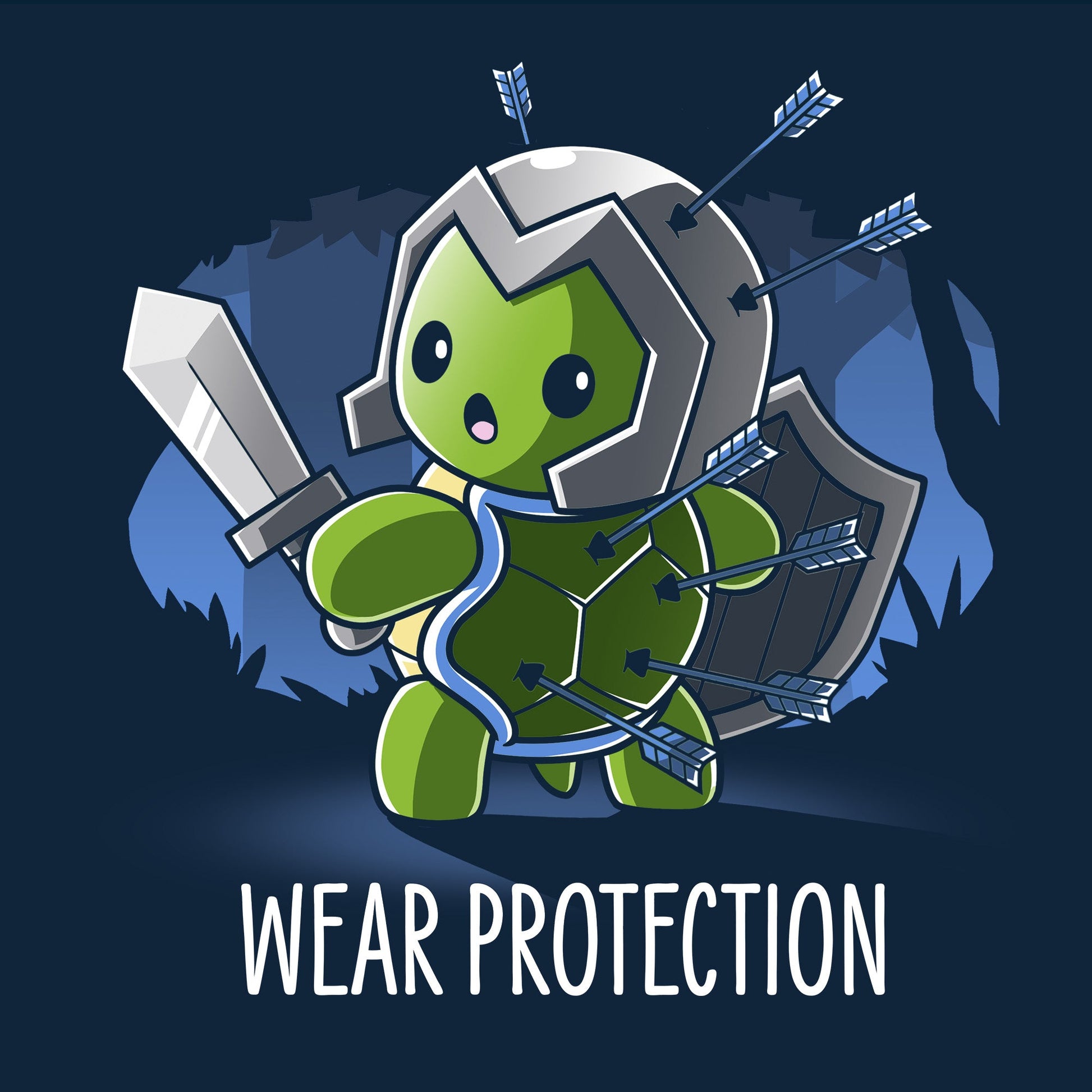 Classic Cotton T-shirt_TeeTurtle Wear Protection navy blue t-shirt featuring a green turtle holding a sword and shield and wearing a helmet looking worried with arrows protruding from it's helmet and shell. "WEAR PROTECTION" is written underneath, and the background is dark navy blue, with stylized, shadowy images of trees in the background.