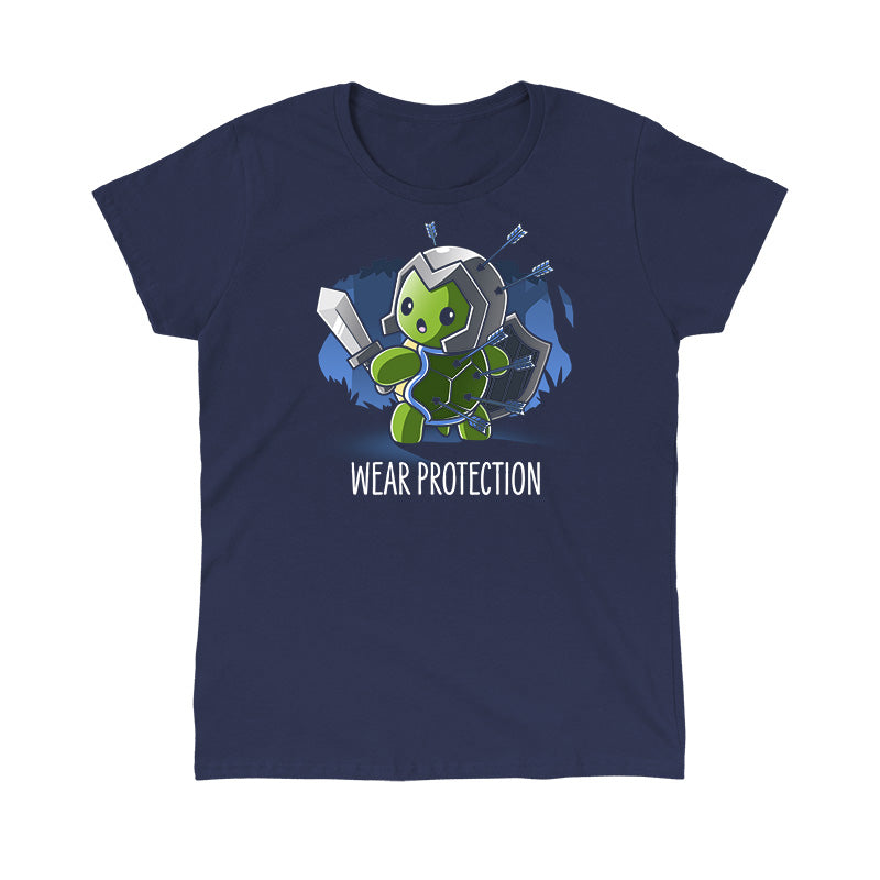 Classic Cotton T-shirt_TeeTurtle Wear Protection navy blue t-shirt featuring a green turtle holding a sword and shield and wearing a helmet looking worried with arrows protruding from it's helmet and shell. "WEAR PROTECTION" is written underneath, and the background is dark navy blue, with stylized, shadowy images of trees in the background.