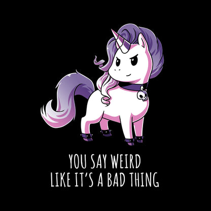 Crew Neck Sweatshirt_TeeTurtle black Weird Is Good. Featuring a unicorn with goth accessories.