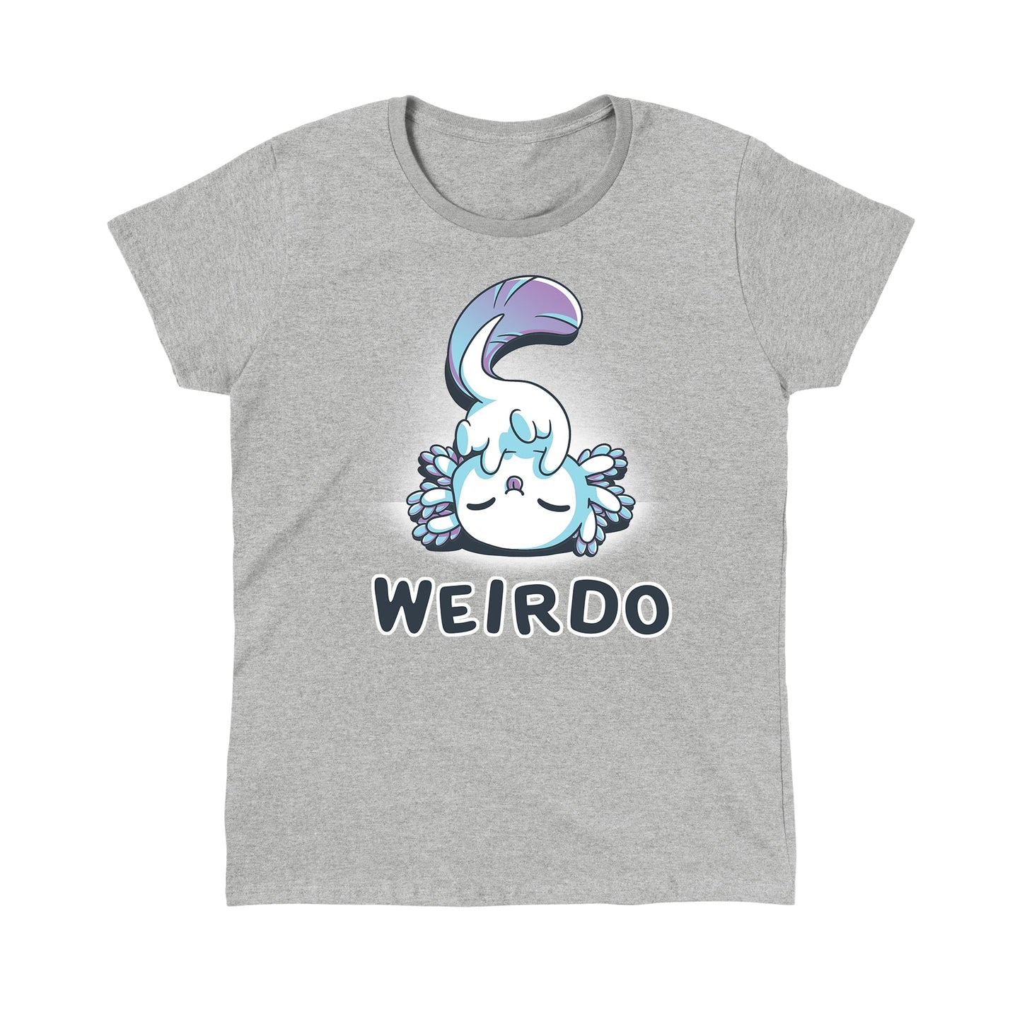 Classic Cotton T-shirt_TeeTurtle Weirdo Heather Gray t-shirt featuring an axolotl with a fluffy tail sticking their tongue out