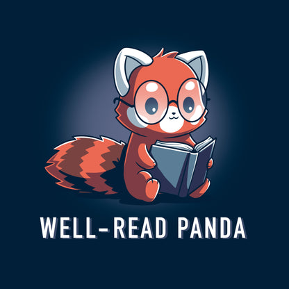 Classic Cotton T-shirt_TeeTurtle Well-Read Panda navy blue t-shirt featuring a red panda wearing glasses and reading a book.