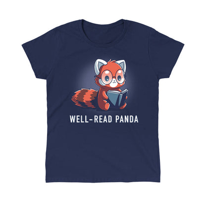 Classic Cotton T-shirt_TeeTurtle Well-Read Panda navy blue t-shirt featuring a red panda wearing glasses and reading a book.