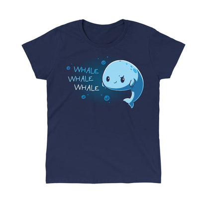 Classic Cotton T-shirt_Teeturtle Whale Whale Whale navy blue t-shirt featuring a cute, smug whale floating in the ocean with their fins on their sides with 'Whale, Whale, Whale.' written next to them.