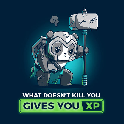 Classic Cotton T-shirt_TeeTurtle What Doesn’t Kill You Gives You XP navy blue t-shirt featuring a battle-worn, armored panda with a war hammer.