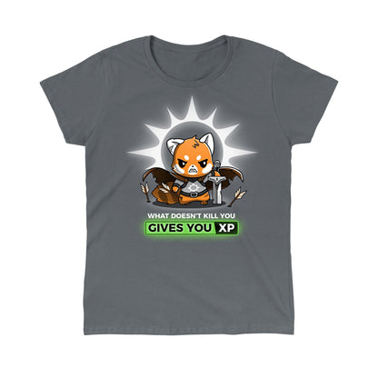 Classic Cotton T-shirt_TeeTurtle What Doesn't Kill You Gives You XP (Paladin) charcoal gray t-shirt featuring a cartoon red panda warrior holding a sword, surrounded by arrows with a serious expression.