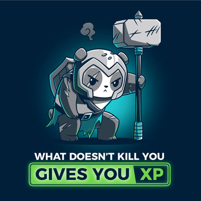 Pullover Hoodie_TeeTurtle What Doesn’t Kill You Gives You XP navy blue design featuring a battle-worn, armored panda with a war hammer.