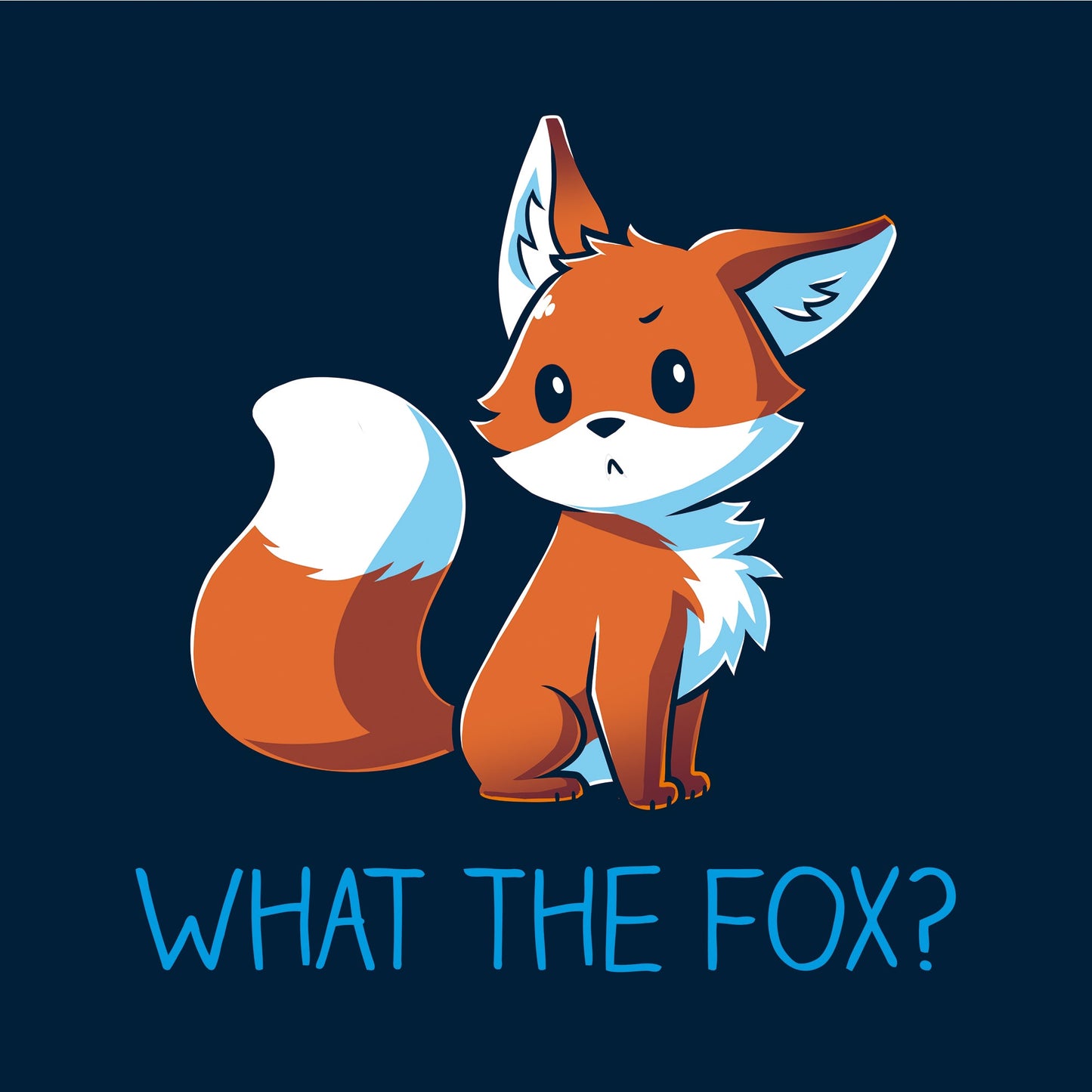 Classic Cotton T-shirt_TeeTurtle What the Fox? navy blue t-shirt featuring an adorable little fox looking quizzical posed above the pun 'What the Fox?'