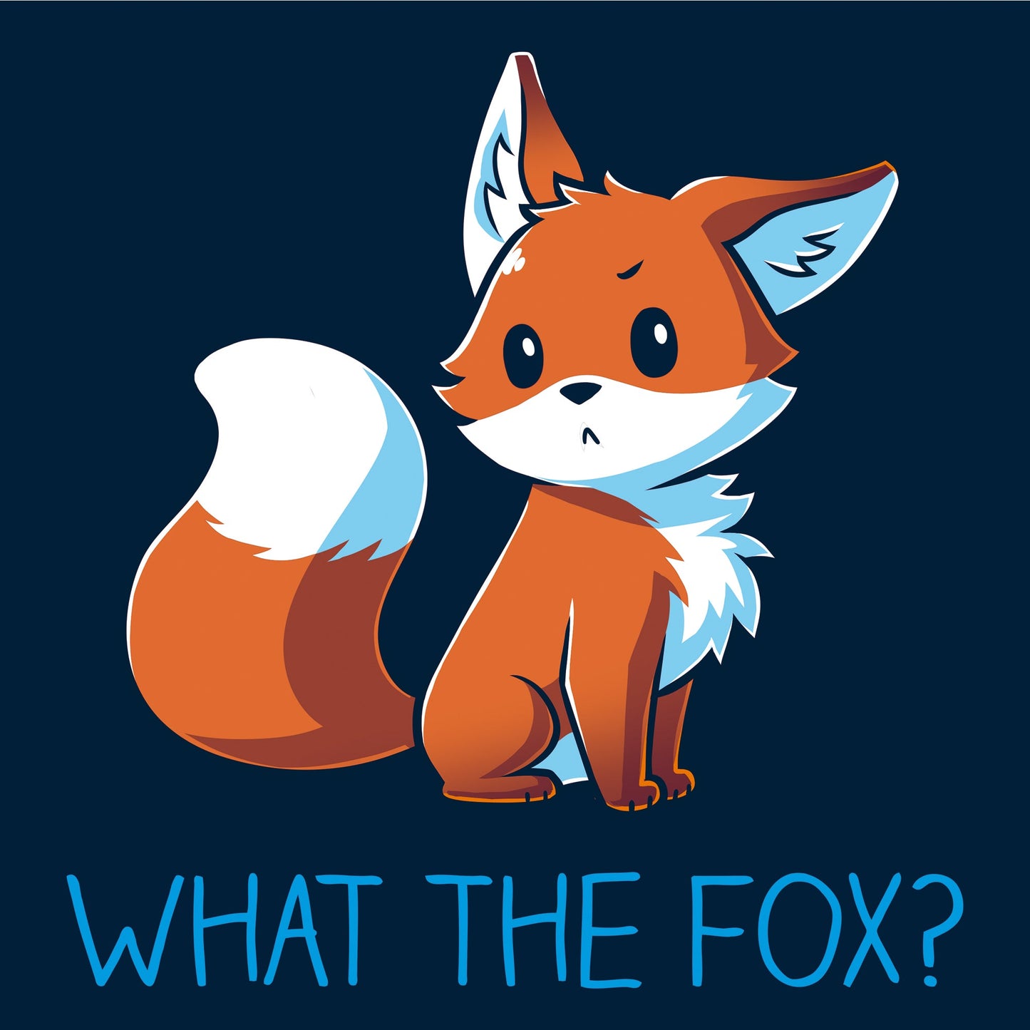 Crew Neck Sweatshirt_TeeTurtle What the Fox? navy blue design featuring an adorable little fox looking quizzical posed above the pun 'What the Fox?'