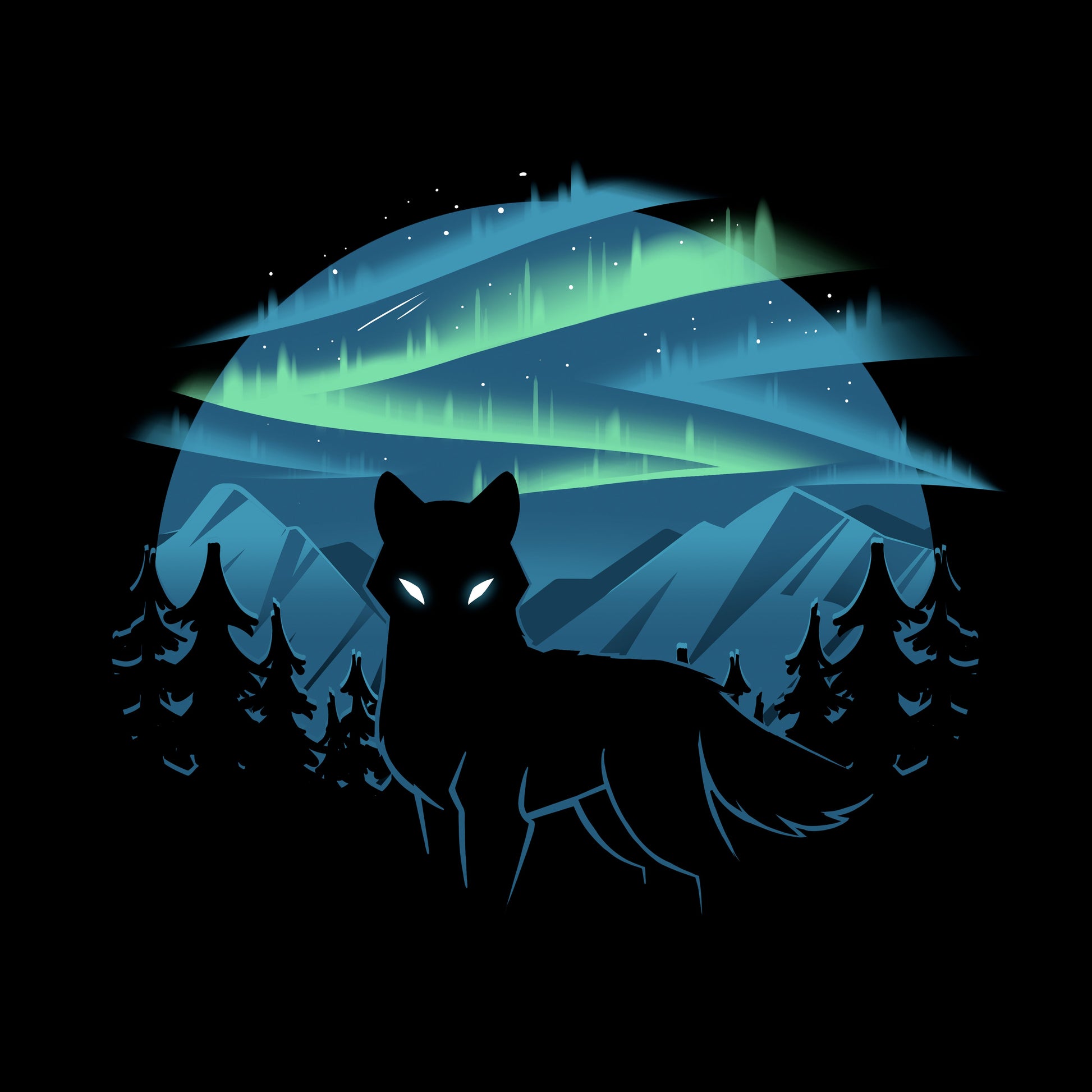 Long Sleeve T-shirt_A black apparel features a silhouette of a wolf with glowing eyes standing in front of a forest and mountains, with the wild aurora illuminating the night sky in the background. Made of super soft ringspun cotton, this Wild Aurora by monsterdigital is both comfortable and striking.