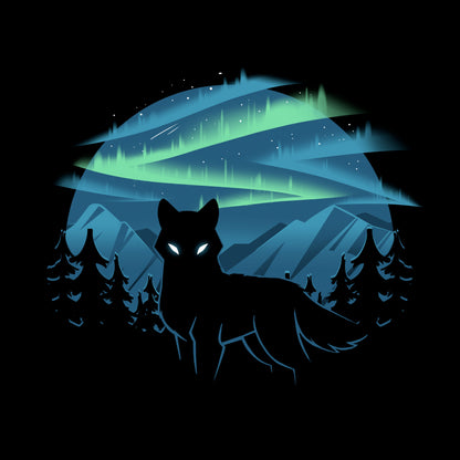 Long Sleeve T-shirt_A black apparel features a silhouette of a wolf with glowing eyes standing in front of a forest and mountains, with the wild aurora illuminating the night sky in the background. Made of super soft ringspun cotton, this Wild Aurora by monsterdigital is both comfortable and striking.