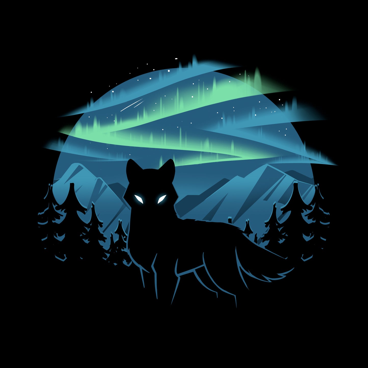 Pullover Hoodie_A black apparel features a silhouette of a wolf with glowing eyes standing in front of a forest and mountains, with the wild aurora illuminating the night sky in the background. Made of super soft ringspun cotton, this Wild Aurora by monsterdigital is both comfortable and striking.