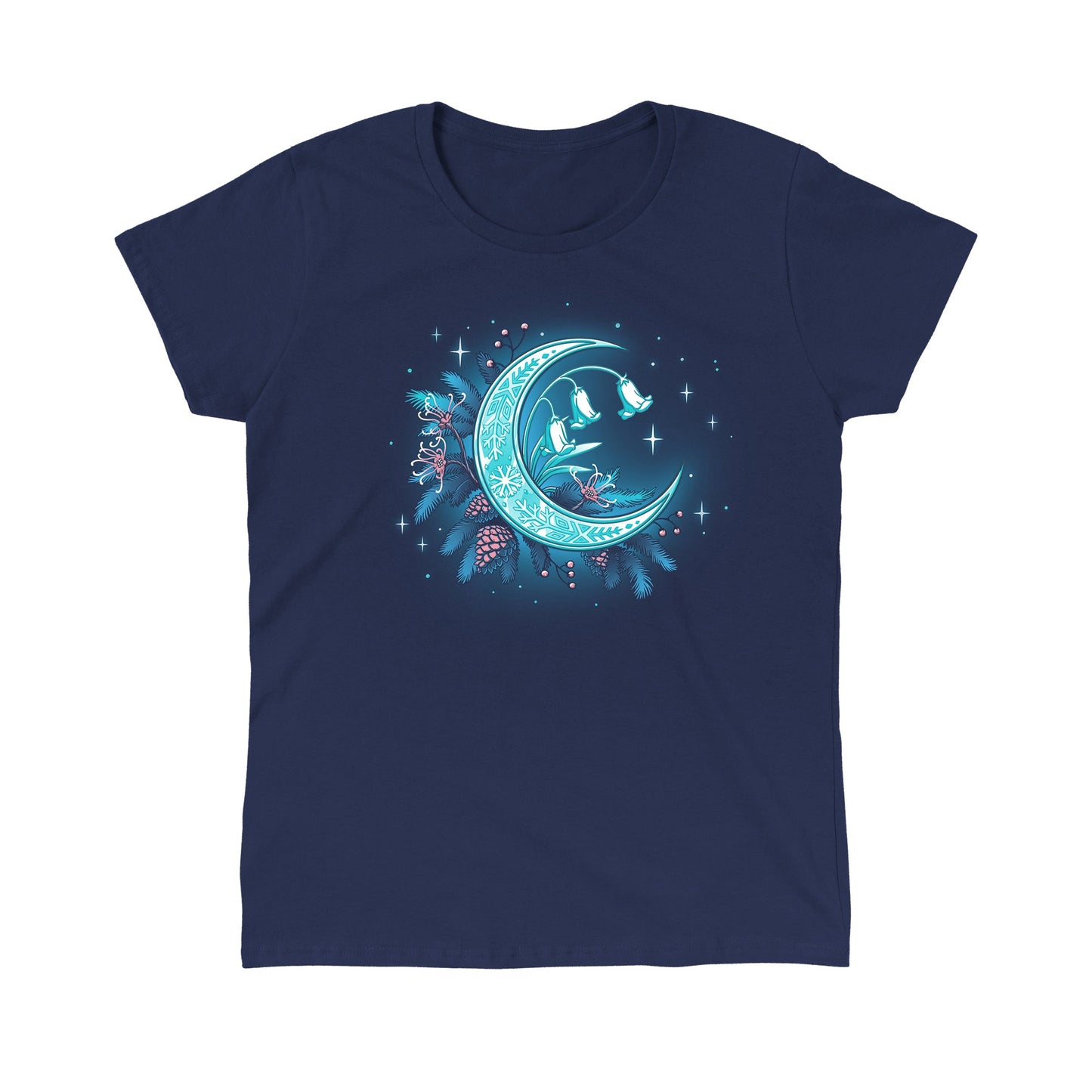 Classic Cotton T-shirt_TeeTurtle Winter Moon navy blue t-shirt featuring a magical glowing crescent moon adorned with floral patterns, bell flowers, pine cones, and evergreen branches against a dark celestial background. 