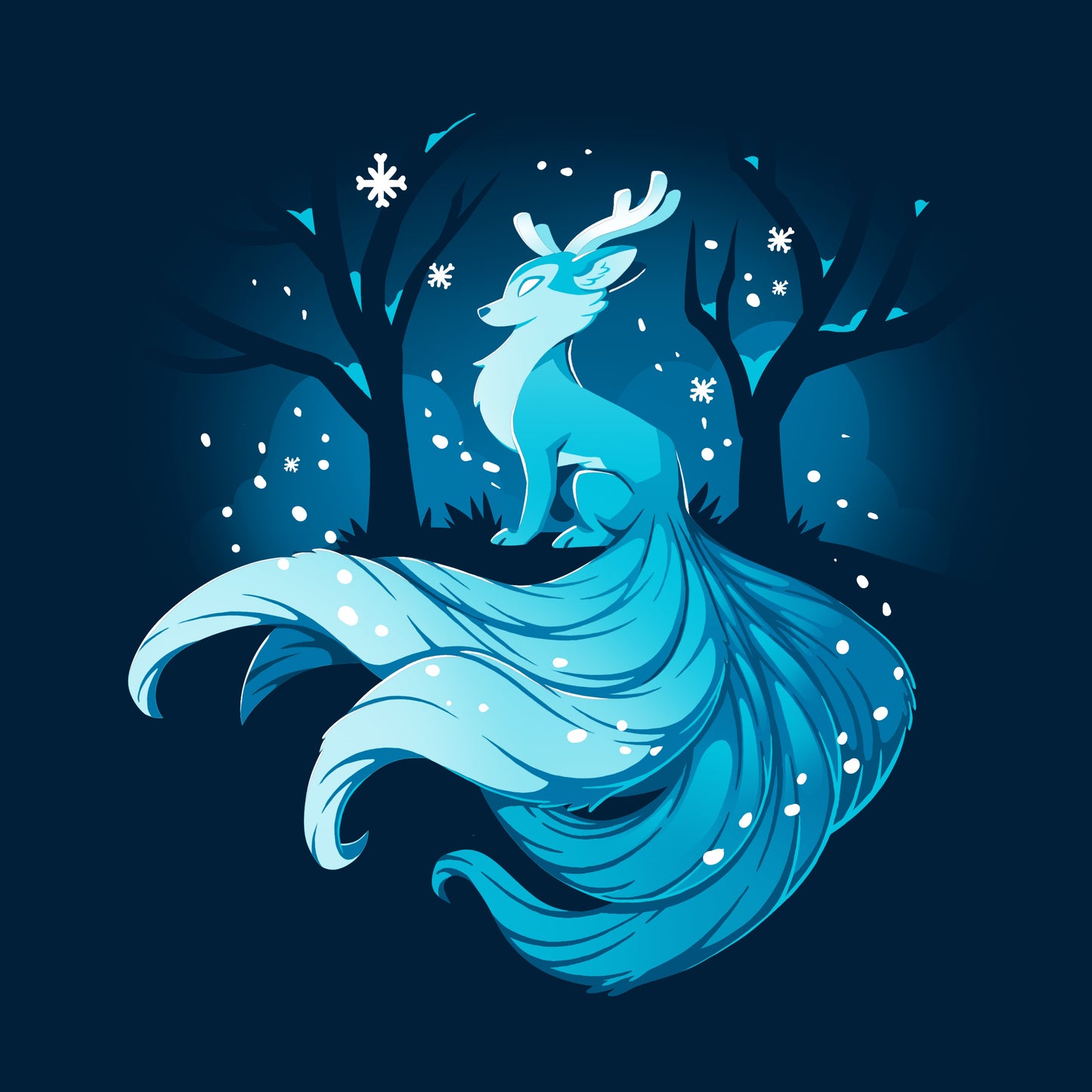 Classic Cotton T-shirt_TeeTurtle Winter Kitsune navy blue t-shirt featuring a blue, fox-like creature with antlers, long tails, and a flowing mane sitting in a snowy forest with bare trees.