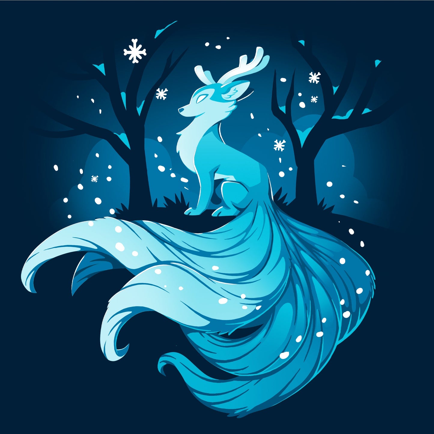 Crew Neck Sweatshirt_TeeTurtle Winter Kitsune navy blue design featuring a blue, fox-like creature with antlers, long tails, and a flowing mane sitting in a snowy forest with bare trees.