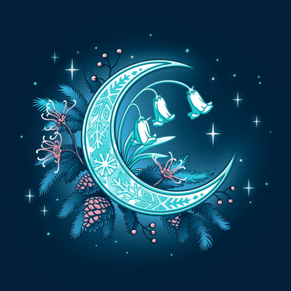 Classic Cotton T-shirt_TeeTurtle Winter Moon navy blue t-shirt featuring a magical glowing crescent moon adorned with floral patterns, bell flowers, pine cones, and evergreen branches against a dark celestial background. 