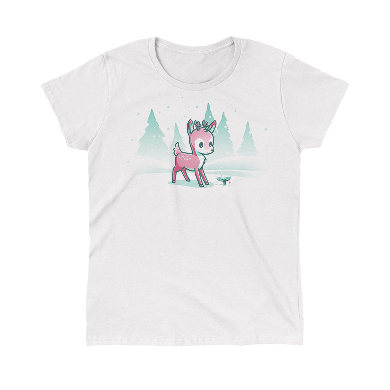 Classic Cotton T-shirt_TeeTurtle Winter Wonderland White t-shirt featuring a cartoon deer with small antlers stands in a snowy landscape with evergreen trees, looking curiously at a glowing sprout on the ground. Snowflakes are falling around them. 