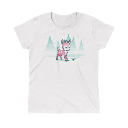 Classic Cotton T-shirt_TeeTurtle Winter Wonderland White t-shirt featuring a cartoon deer with small antlers stands in a snowy landscape with evergreen trees, looking curiously at a glowing sprout on the ground. Snowflakes are falling around them. 